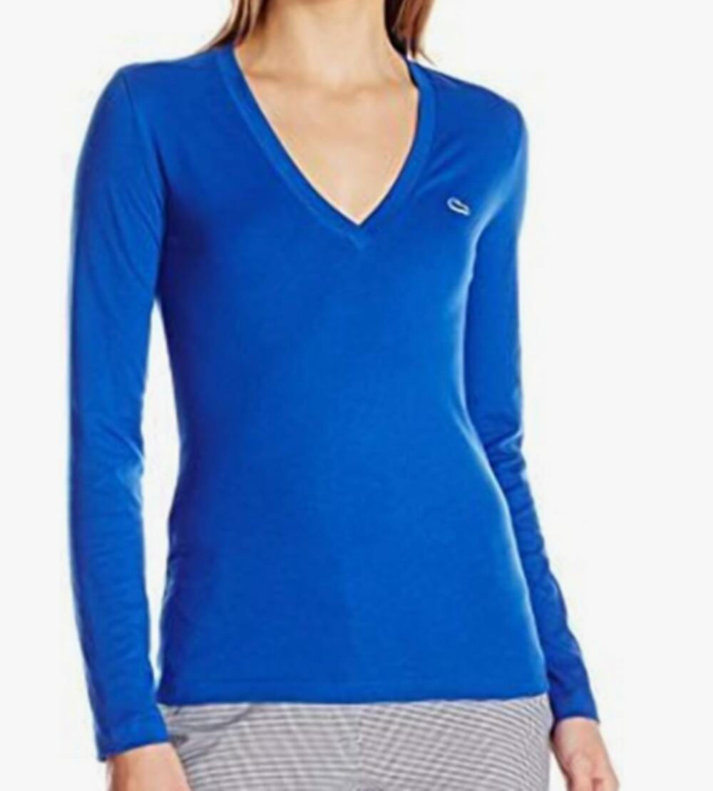 Lacoste Women's Long Sleeve Cotton Jersey V-Neck Tee Shirt Steamship Blue 4